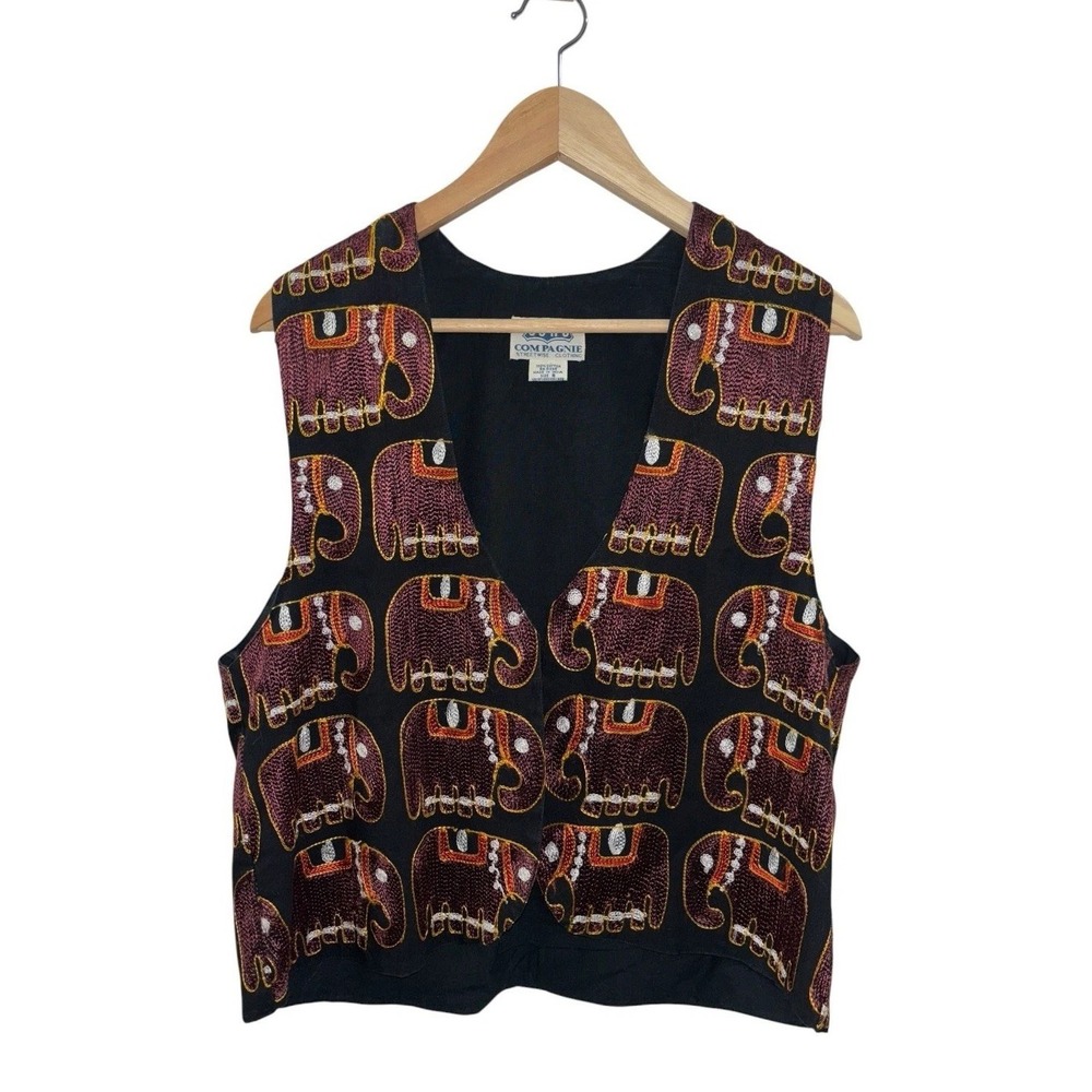 VTG 90s SOHO Compagnie Elephant S Embroidered Vest‎ Black Cotton Boho Folk Art